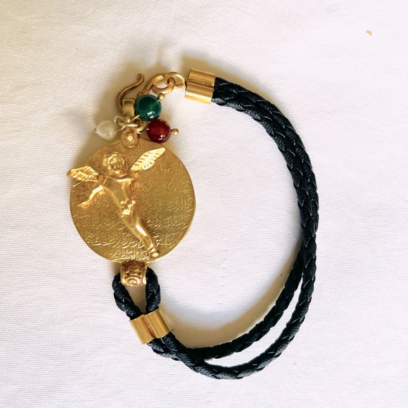 Black rope & gold tone real silver bracelet with beautiful baby cupid figurine - Picture 3 of 12